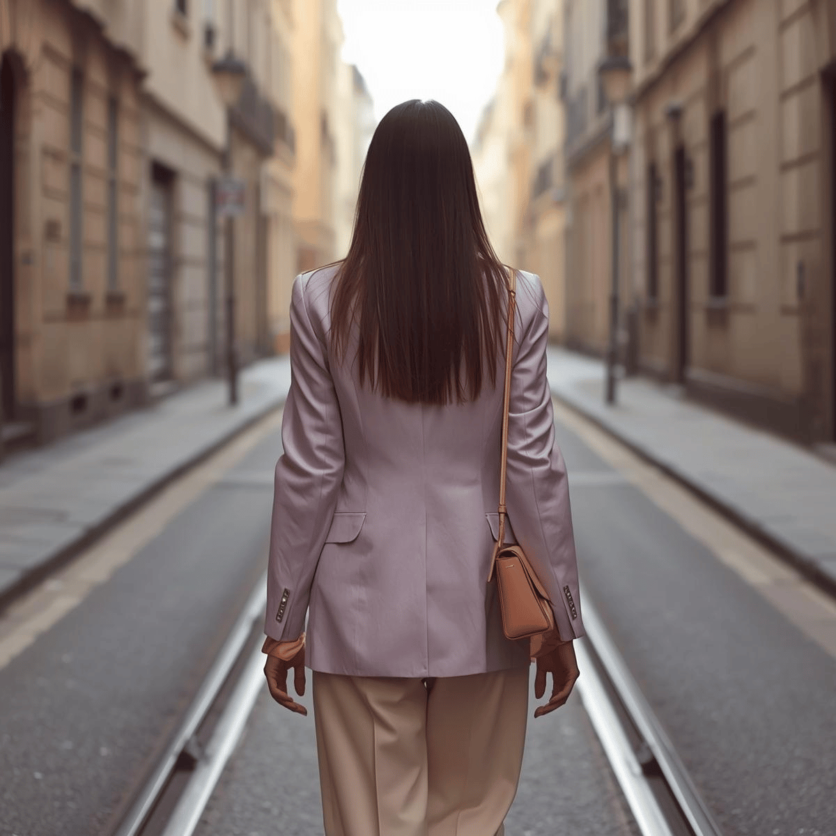 Silhouette féminine avançant dans un espace urbain, symbolisant un cheminement et une prise de contact
